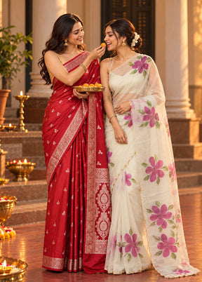 Shankhnaad Duo – Red Banarasi & White Organza Sarees