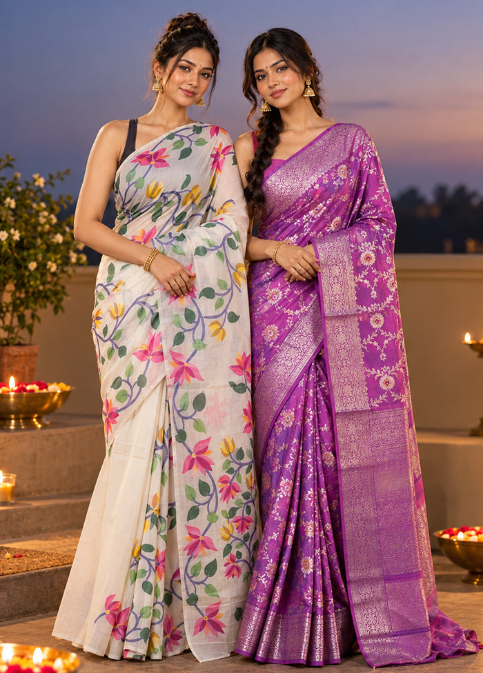 Shiuli Bhor Duo – White Cotton & Purple Dupion Silk Sarees