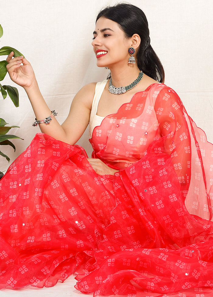 Tangerine Organza Silk Bandhani Print Saree With Blouse Piece - Indian Silk House Agencies