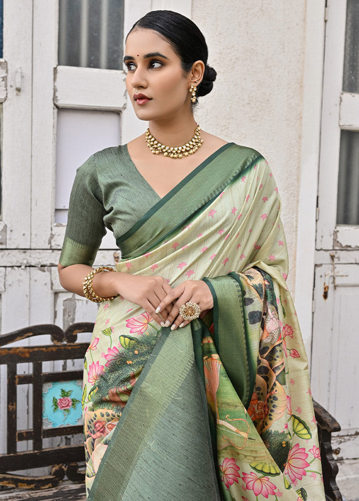 Green Tussar Silk Saree With Blouse Piece