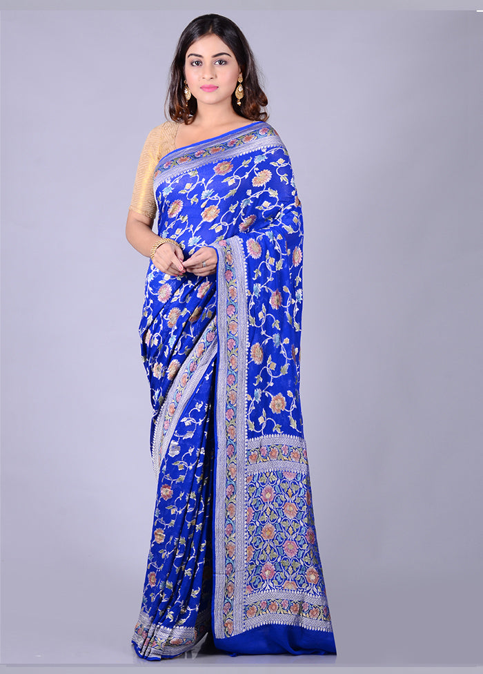 Royal Blue Chiffon Pure Silk Saree With Blouse Piece - Indian Silk House Agencies