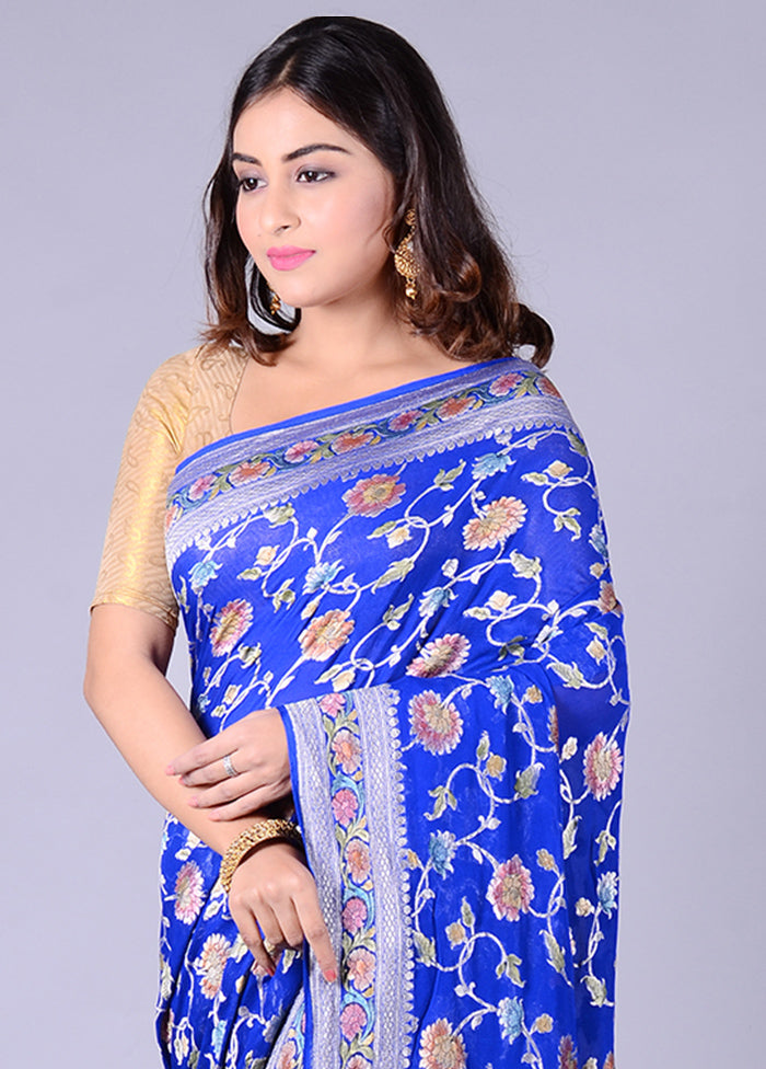 Royal Blue Chiffon Pure Silk Saree With Blouse Piece - Indian Silk House Agencies