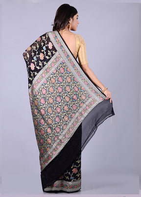 Black Chiffon Pure Silk Saree With Blouse Piece - Indian Silk House Agencies