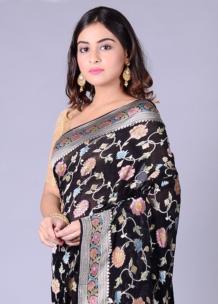 Black Chiffon Pure Silk Saree With Blouse Piece - Indian Silk House Agencies