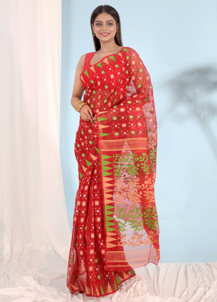 Red Tant Jamdani Saree Without Blouse Piece - Indian Silk House Agencies