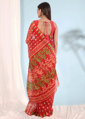 Red Tant Jamdani Saree Without Blouse Piece - Indian Silk House Agencies