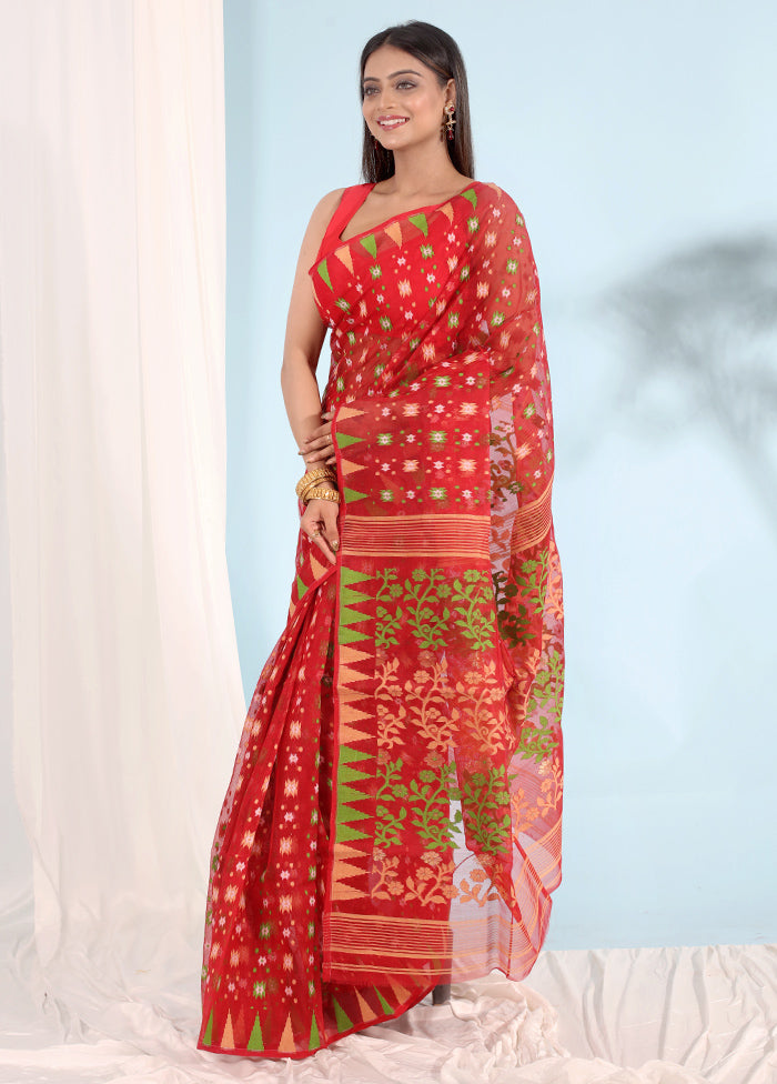 Red Tant Jamdani Saree Without Blouse Piece - Indian Silk House Agencies