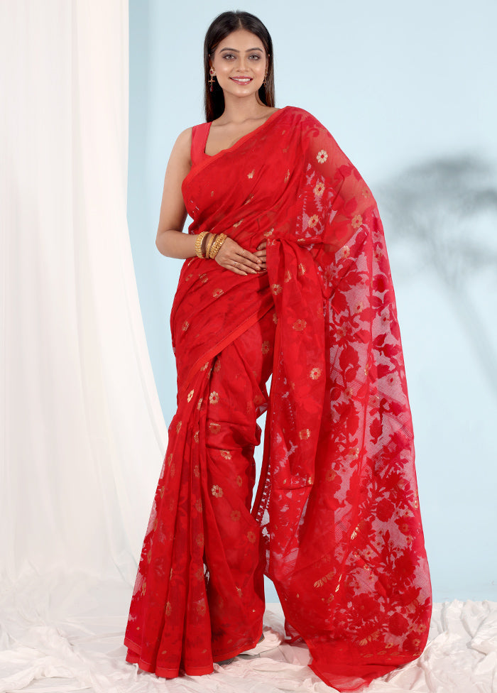 Red Tant Jamdani Saree Without Blouse Piece - Indian Silk House Agencies