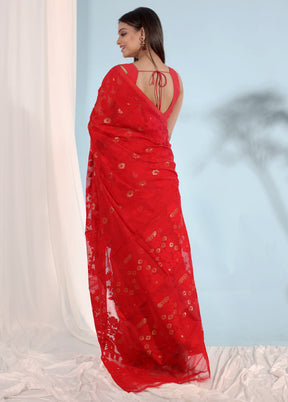 Red Tant Jamdani Saree Without Blouse Piece - Indian Silk House Agencies