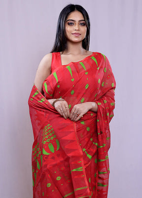 Red Tant Cotton Saree Without Blouse Piece - Indian Silk House Agencies