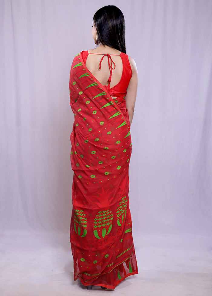 Red Tant Cotton Saree Without Blouse Piece - Indian Silk House Agencies