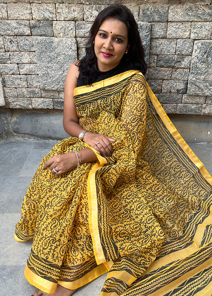 Mustard Pure Kota Handblock Print Saree With Blouse - Indian Silk House Agencies