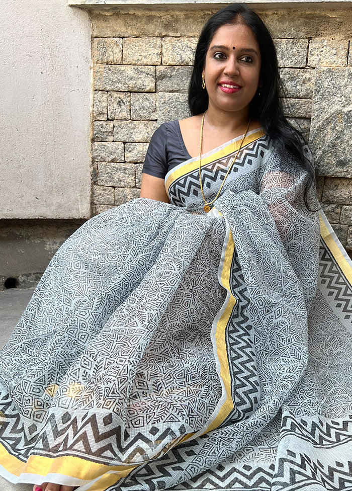 Grey Pure Kota Handblock Print Saree With Blouse - Indian Silk House Agencies