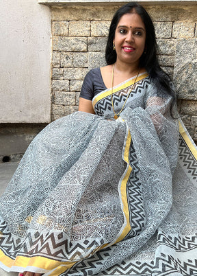 Grey Pure Kota Handblock Print Saree With Blouse - Indian Silk House Agencies