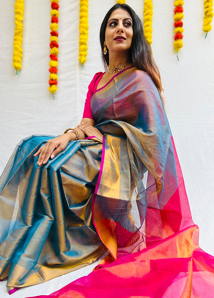 Pastel Blue Uppada Tissue Silk Woven Saree With Blouse - Indian Silk House Agencies