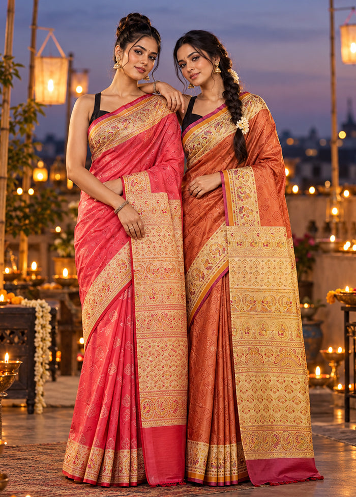 Teal Saffron Duo – Pink & Rust Printed Silk Sarees