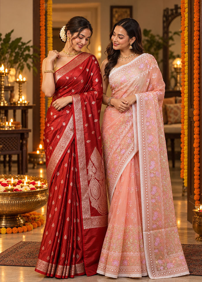 Thali & Toast Duo – Red Banarasi & Peach Organza Sarees