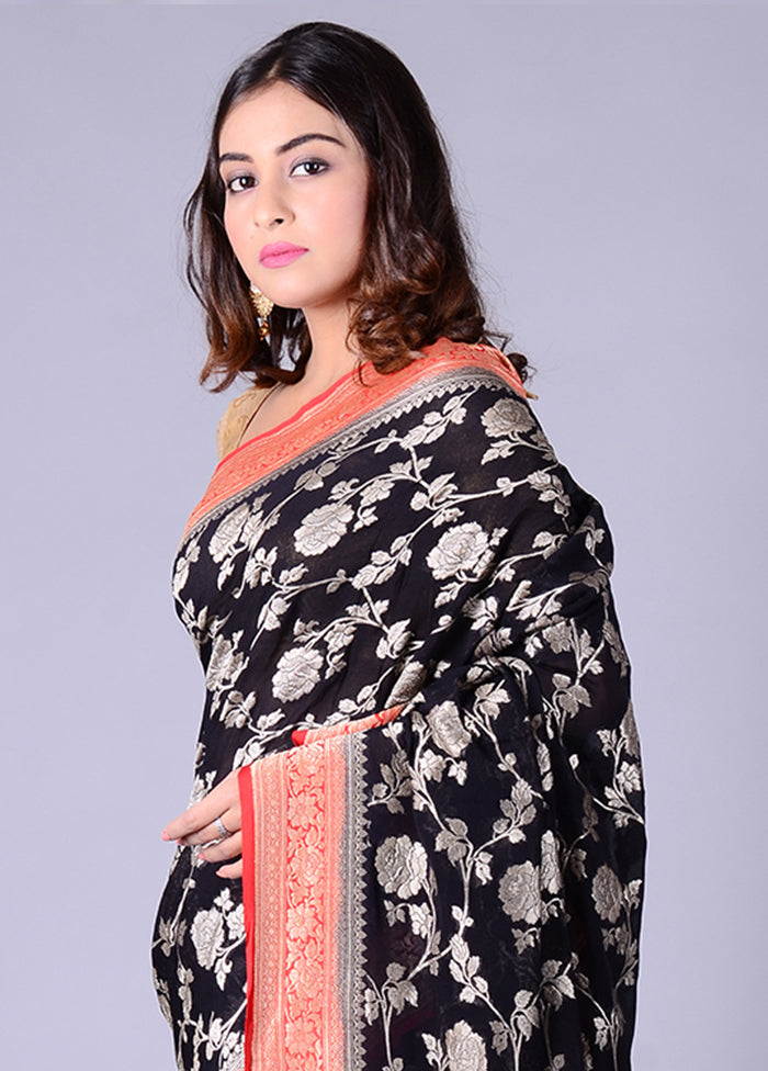 Black Chiffon Pure Silk Saree With Blouse Piece - Indian Silk House Agencies