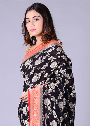 Black Chiffon Pure Silk Saree With Blouse Piece - Indian Silk House Agencies