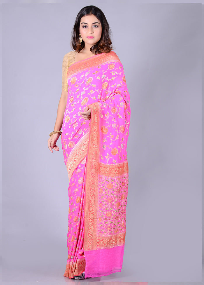 Pink Chiffon Pure Silk Saree With Blouse Piece - Indian Silk House Agencies