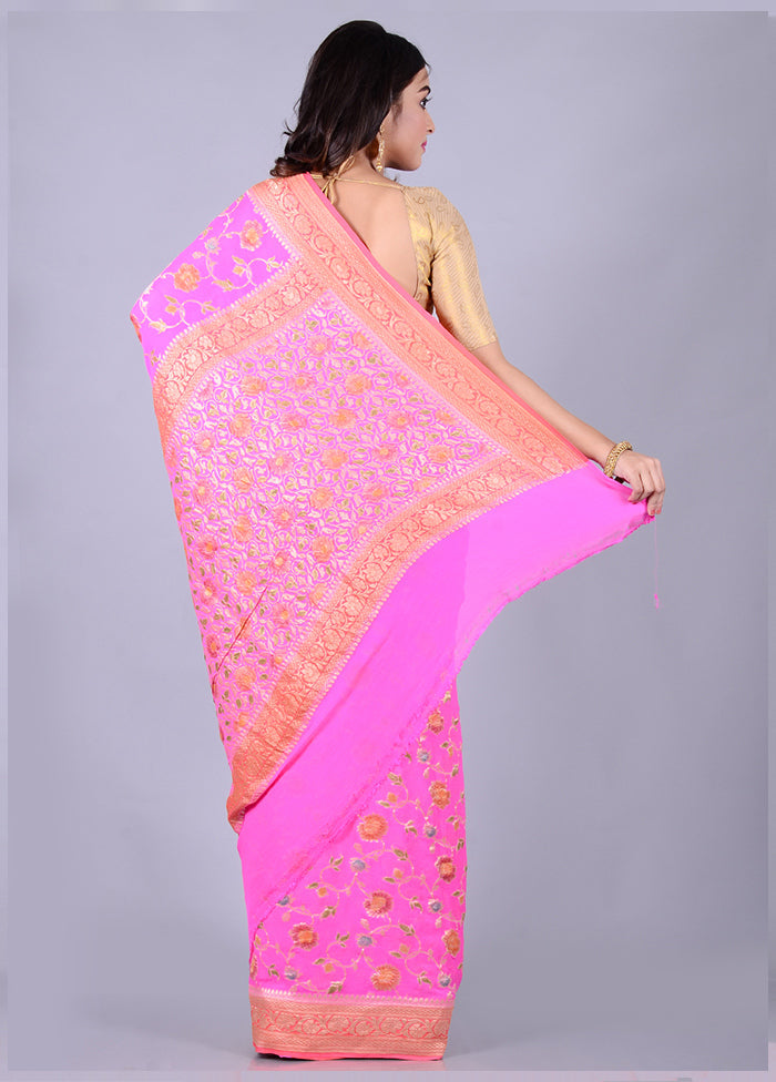 Pink Chiffon Pure Silk Saree With Blouse Piece - Indian Silk House Agencies