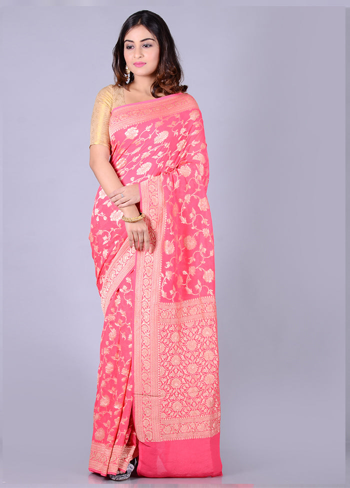 Pink Chiffon Pure Silk Saree With Blouse Piece - Indian Silk House Agencies