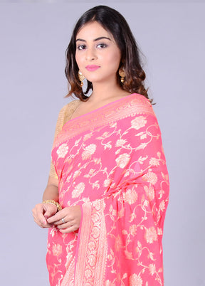 Pink Chiffon Pure Silk Saree With Blouse Piece - Indian Silk House Agencies