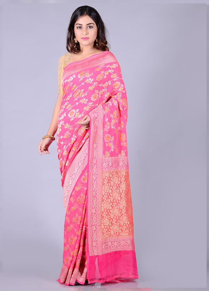 Pink Chiffon Pure Silk Saree With Blouse Piece - Indian Silk House Agencies