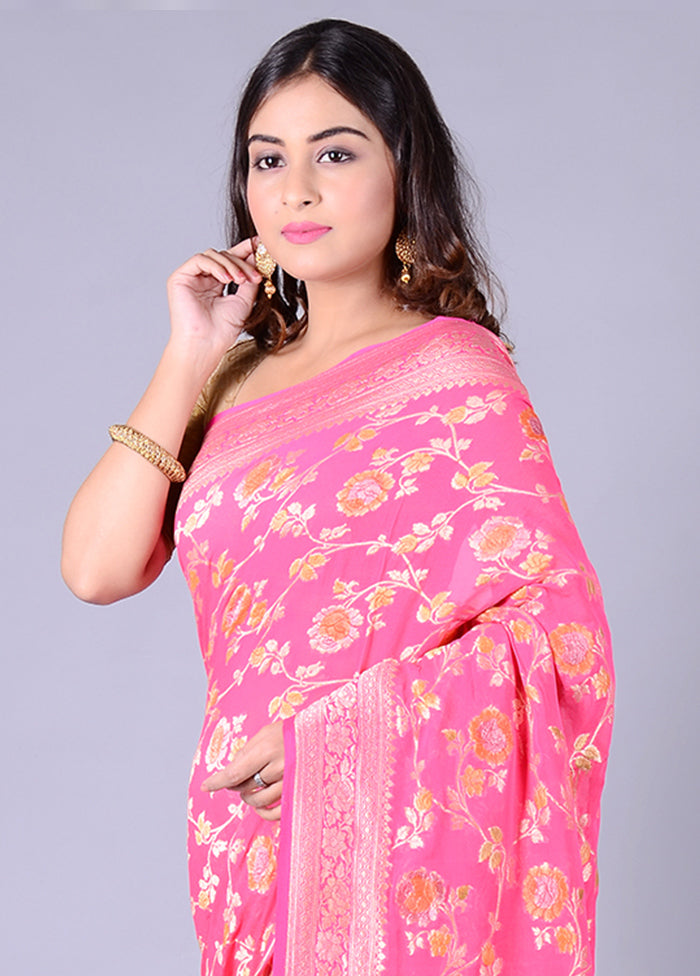 Pink Chiffon Pure Silk Saree With Blouse Piece - Indian Silk House Agencies