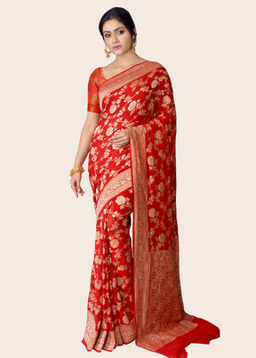 Red Chiffon Pure Silk Saree With Blouse Piece - Indian Silk House Agencies