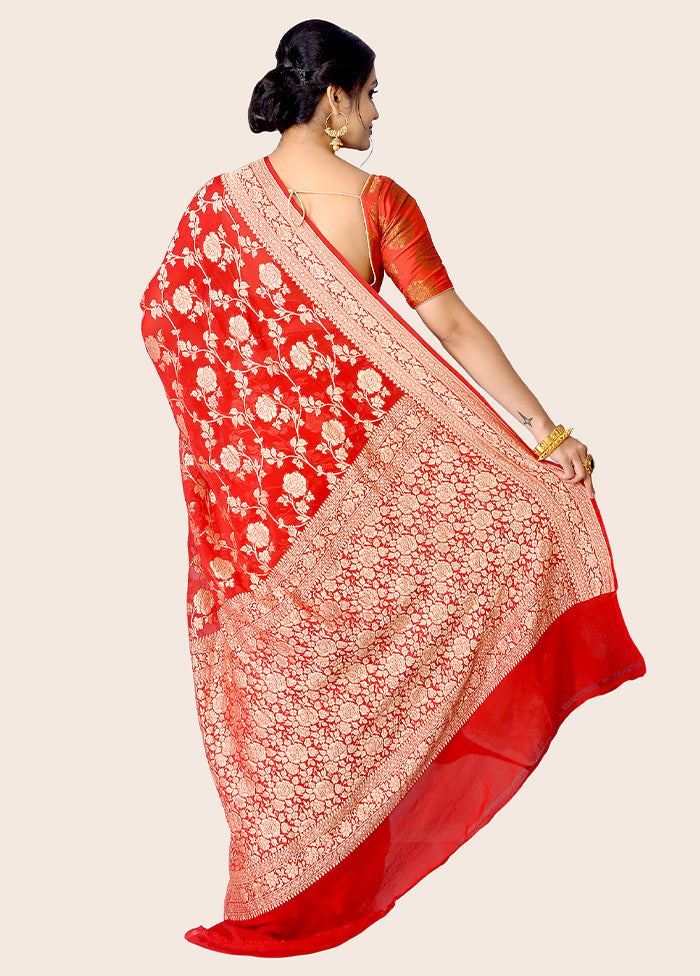 Red Chiffon Pure Silk Saree With Blouse Piece - Indian Silk House Agencies