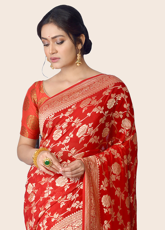 Red Chiffon Pure Silk Saree With Blouse Piece - Indian Silk House Agencies