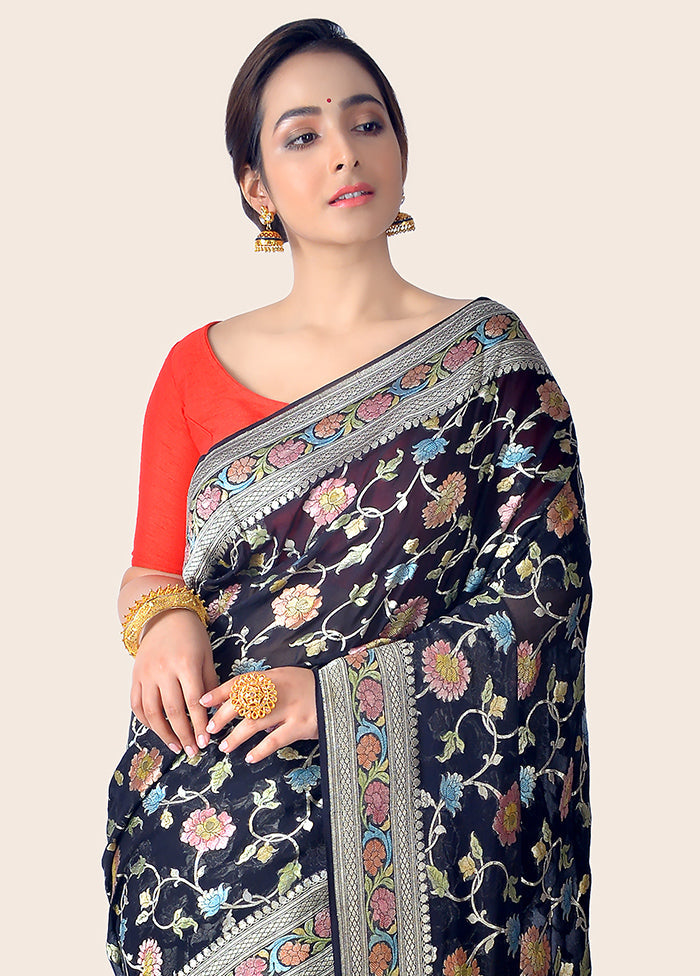 Black Chiffon Pure Silk Saree With Blouse Piece - Indian Silk House Agencies