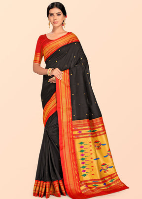 Black Paithani Work Spun Silk Saree With Blouse Piece - Indian Silk House Agencies