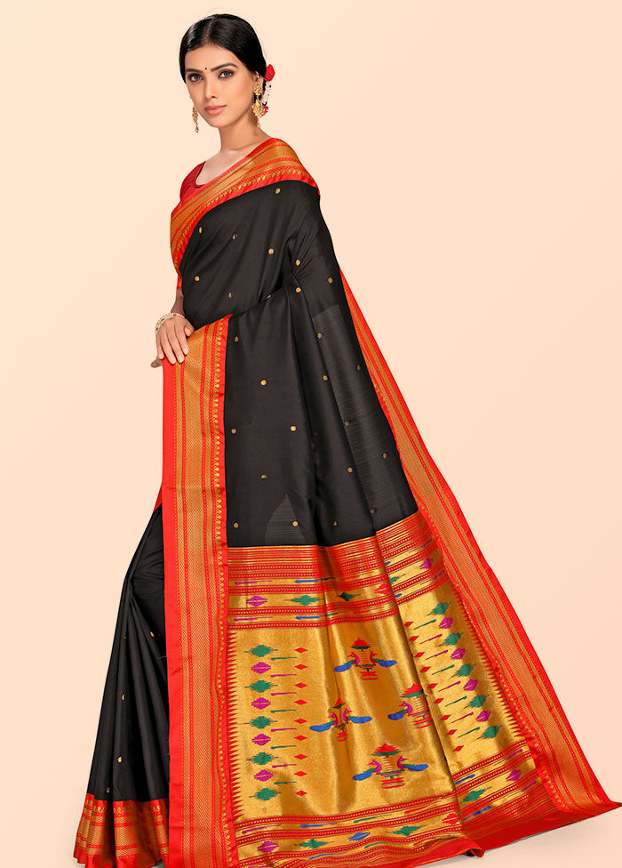 Black Paithani Work Spun Silk Saree With Blouse Piece - Indian Silk House Agencies