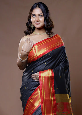 Black Dupion Silk Saree With Blouse Piece - Indian Silk House Agencies