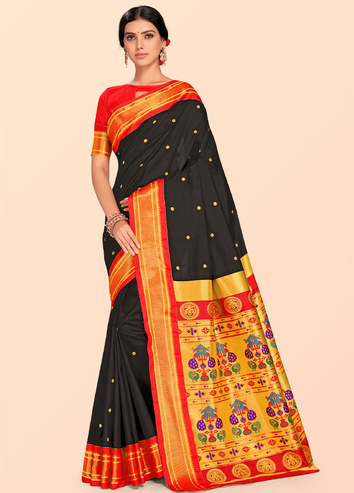 Black Paithani Work Spun Silk Saree With Blouse Piece - Indian Silk House Agencies