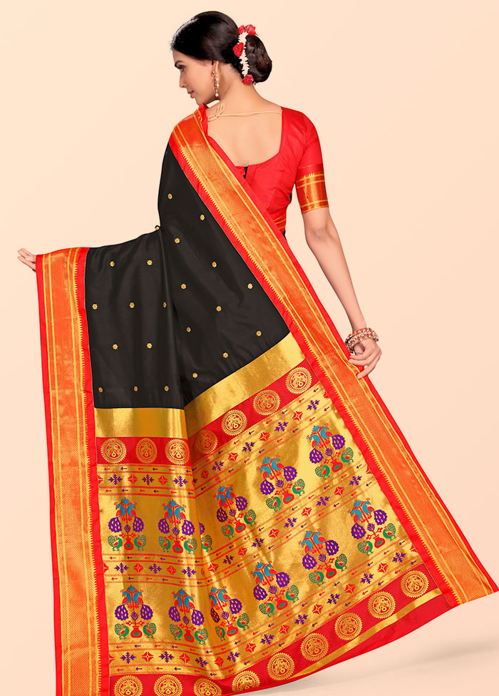 Black Paithani Work Spun Silk Saree With Blouse Piece - Indian Silk House Agencies