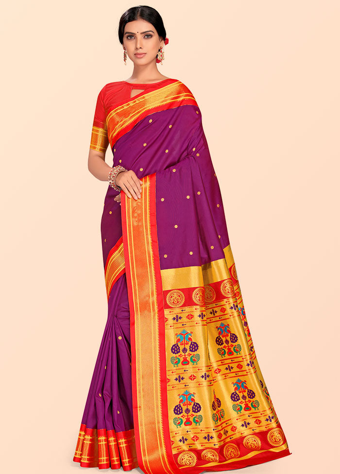 Purple Paithani Work Spun Silk Saree With Blouse Piece - Indian Silk House Agencies