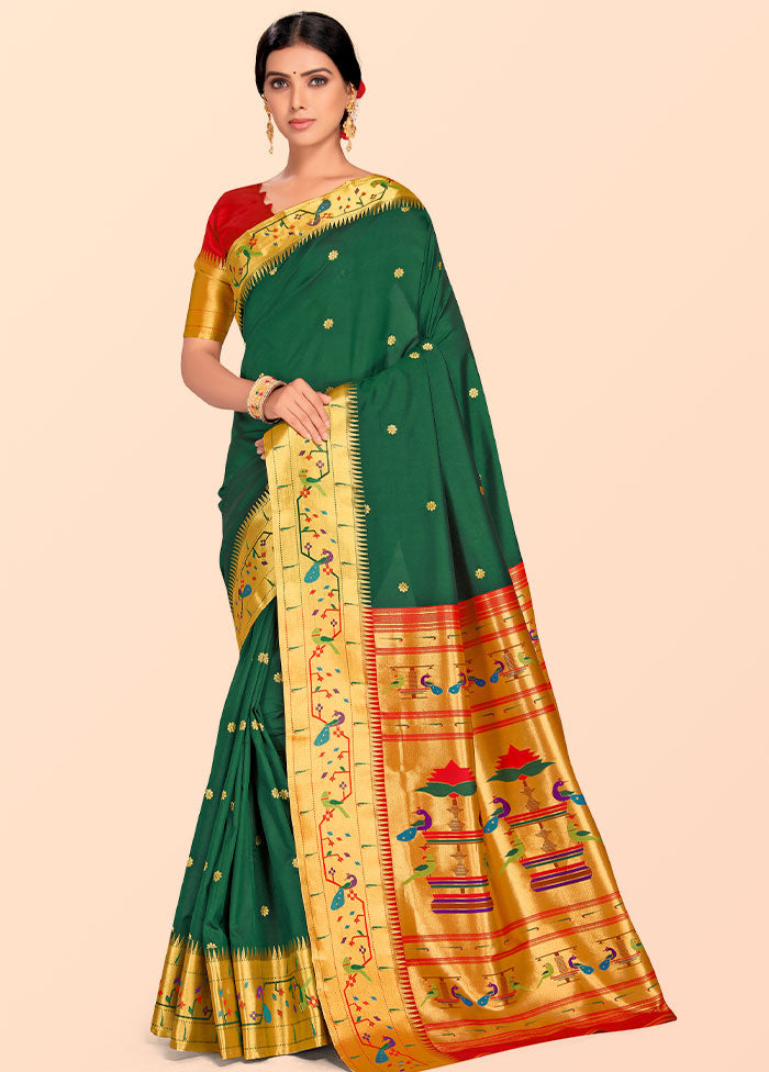 Bottle Green Paithani Work Spun Silk Saree With Blouse Piece - Indian Silk House Agencies