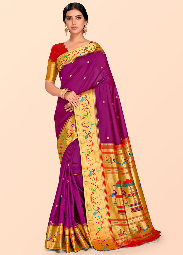 Purple Paithani Work Spun Silk Saree With Blouse Piece - Indian Silk House Agencies