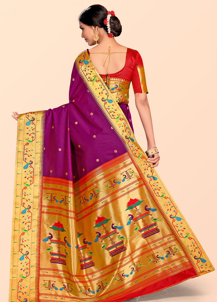 Purple Paithani Work Spun Silk Saree With Blouse Piece - Indian Silk House Agencies