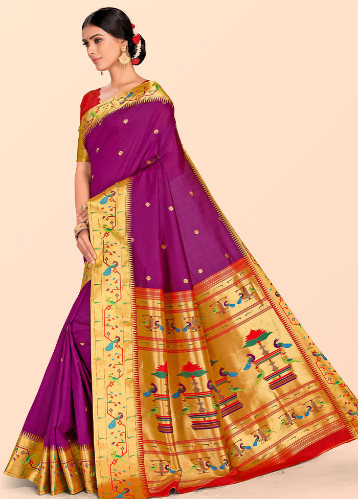 Purple Paithani Work Spun Silk Saree With Blouse Piece - Indian Silk House Agencies