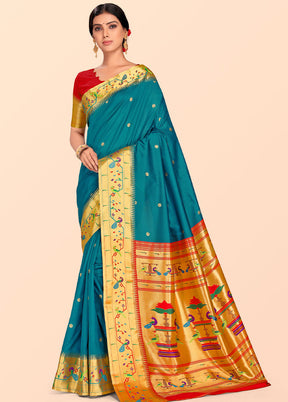 Blue Paithani Work Spun Silk Saree With Blouse Piece - Indian Silk House Agencies