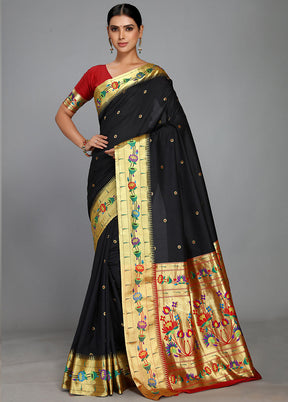 Black Paithani Spun Silk Saree With Blouse Piece - Indian Silk House Agencies