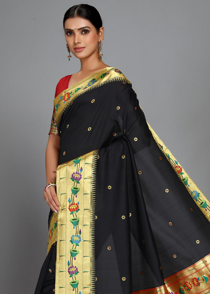 Black Paithani Spun Silk Saree With Blouse Piece - Indian Silk House Agencies