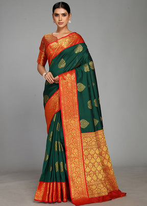 Bottle Green Spun Silk Saree With Blouse Piece - Indian Silk House Agencies