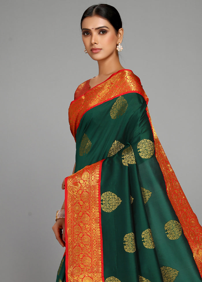 Bottle Green Spun Silk Saree With Blouse Piece - Indian Silk House Agencies