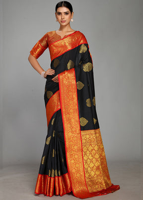 Black Spun Silk Saree With Blouse Piece - Indian Silk House Agencies