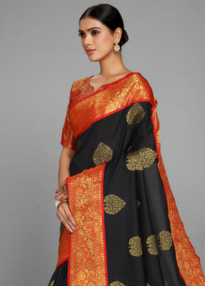 Black Spun Silk Saree With Blouse Piece - Indian Silk House Agencies